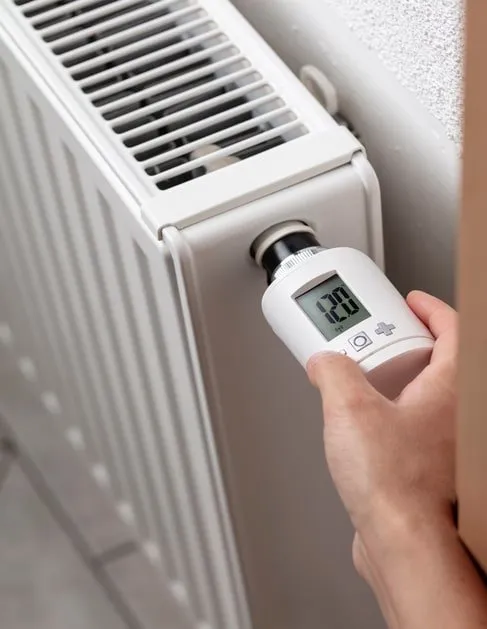 Mano ajustando un termostato digital en un radiador blanco
